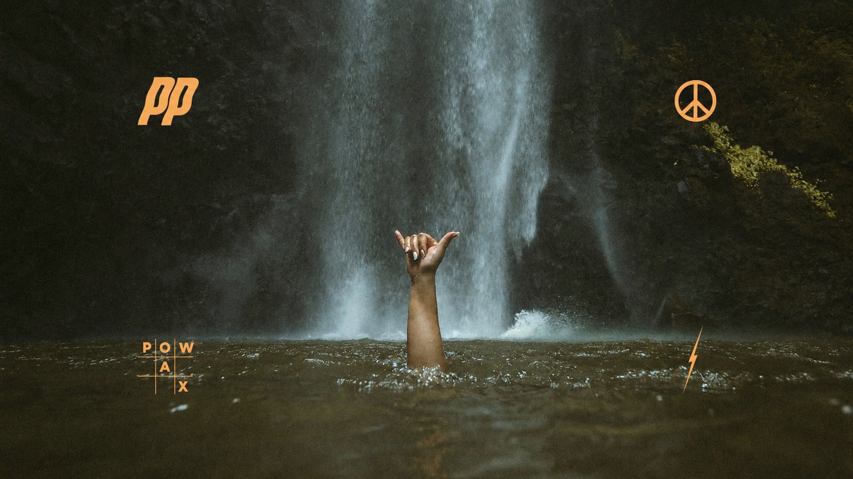 A shaka hand rising from the water in front of a jungle waterfall
